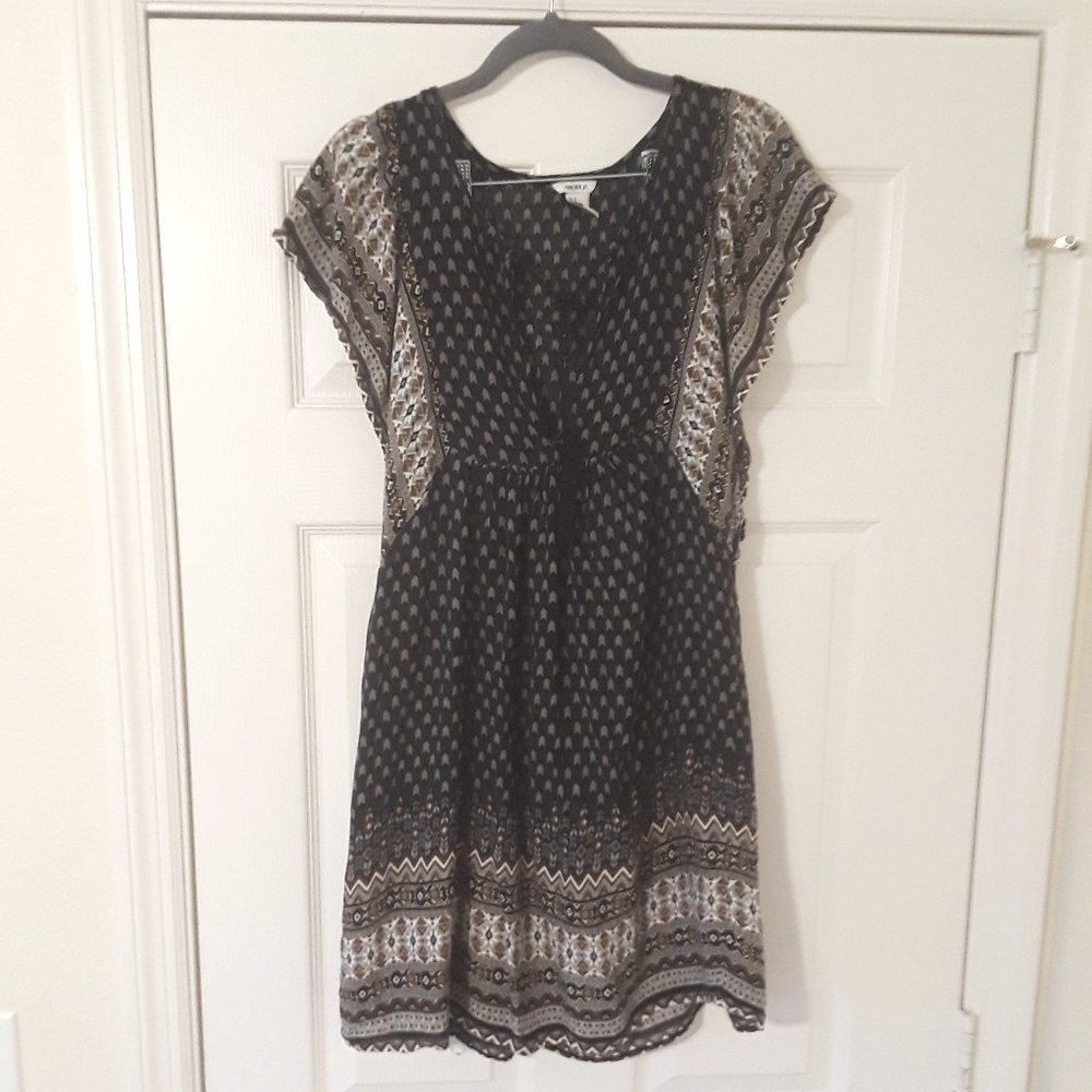 Knee Length Frilled Dress With Brown & Grey Designs